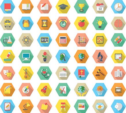 Flat Hexagonal School Subjects Icons with Long Shadows