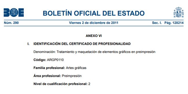 Ficha oficial de un certificado de profesionalidad.