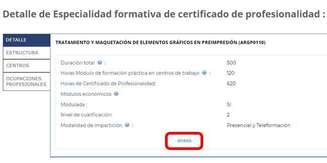 Ficha oficial de un certificado de profesionalidad en la sede electrónica del SEPE.