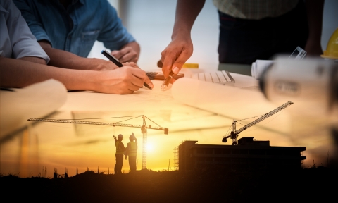 Civil Engineer Jobs, Double exposure of Project Management Team and Construction Site with tower crane background, Day and Night shift on employees job concept.