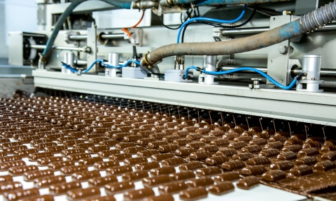 Grado de Industria Alimentaria Sweets factory. Sweets production process. Conveyor belt with sweets on it.