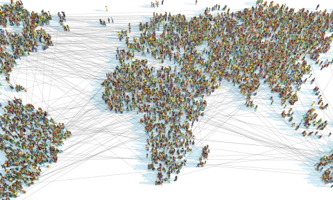 Doctorado de Comercio Internacional A world map consisting of thousands of connected people – 3d illustration
