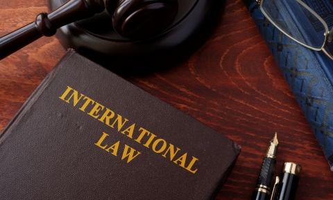 Book with title International law and a gavel.